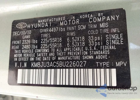 2011 Hyundai Tucson Limited z USA, uszkodzony, nr VIN KM8JU3AC5BU226027